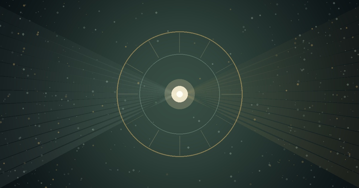 A luminous point of focus surrounded by converging teal and gold currents.